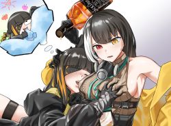 Rule 34 | 2girls, bare shoulders, black gloves, black hair, blush, bottle, breast hold, breasts, brown sweater, closed eyes, gas mask, girls&#039; frontline, gloves, heterochromia, highres, holding, holding bottle, holding head, jacket, long hair, looking at another, m16a1 (girls&#039; frontline), mask, medium breasts, multicolored hair, multiple girls, open mouth, red eyes, ro635 (girls&#039; frontline), sgholln, simple background, sleeping, sweatdrop, sweater, yellow eyes, yuri
