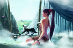 Rule 34 | 1girl, animal, back, backless outfit, bare back, breasts, butt crack, cityscape, hair ribbon, long hair, medium breasts, onsen, oropi, petals, ponytail, ribbon, scenery, sideboob, sitting, solo, steam, very long hair