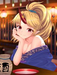 Rule 34 | 1girl, absurdres, bare shoulders, blonde hair, blue kimono, blurry, blurry background, blush, breasts, cipher (user watm8555), cleavage, collarbone, cup, head rest, high ponytail, highres, horns, hoshiguma yuugi, hoshiguma yuugi (kimono), indoors, japanese clothes, kimono, looking at viewer, medium breasts, official alternate costume, pointy ears, red eyes, red horns, restaurant, sakazuki, smile, solo, star (symbol), touhou