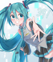 Rule 34 | 1girl, 39, absurdly long hair, aqua eyes, aqua hair, aqua nails, aqua necktie, bare shoulders, bent over, black skirt, black sleeves, black thighhighs, commentary, detached sleeves, floating hair, foreshortening, from side, grey shirt, grin, hair ornament, hatsune miku, headphones, headset, highres, long hair, looking at viewer, miniskirt, nail polish, necktie, outstretched arms, pleated skirt, reaching, reaching towards viewer, shirt, shoulder tattoo, skirt, sleeveless, sleeveless shirt, smile, solo, supo01, tattoo, thighhighs, twintails, very long hair, virtual reality, vocaloid, zettai ryouiki