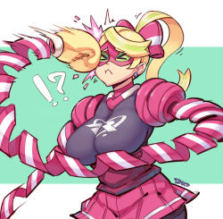 Rule 34 | !?, &gt; &lt;, 1girl, :&lt;, arms (game), artist name, blonde hair, bow, boxing gloves, breasts, closed eyes, earrings, failure, frown, gloves, hair bow, hip focus, in the face, jewelry, large breasts, logo, long hair, mask, motion blur, motion lines, pink skirt, ponytail, punching, ribbon girl (arms), shiny clothes, shiny skin, signature, skin tight, skirt, solo, yellow gloves, zako (arvinry)