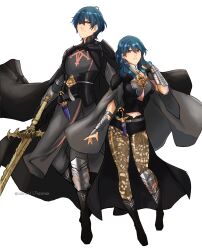Rule 34 | 1boy, 1girl, absurdres, armor, black armor, black cape, black footwear, black shorts, blue eyes, blue hair, boots, brown pantyhose, byleth (female) (fire emblem), byleth (fire emblem), byleth (male) (fire emblem), cape, closed mouth, commentary, english commentary, fire emblem, fire emblem: three houses, gauntlets, hair between eyes, highres, holding, holding sword, holding weapon, knife, long hair, looking at viewer, nintendo, pantyhose, pantyhose under shorts, sheath, sheathed, short hair, short shorts, shorts, sierra117renner, simple background, sword, sword of the creator, twitter username, weapon, white background