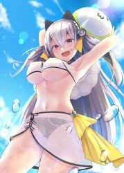 Rule 34 | 1girl, :d, animal ears, arms up, ball, beachball, bikini, black bikini, blue sky, breasts, cat ears, commentary request, detached sleeves, fang, from below, grey hair, hair ornament, hair ribbon, hairband, highres, holding, holding ball, hourei tenten, large breasts, lens flare, looking at viewer, melty+, narushima kanna, navel, open mouth, purple eyes, ribbon, sarong, see-through, sky, smile, solo, swimsuit, underboob, virtual youtuber, water, water drop, wet, white bikini