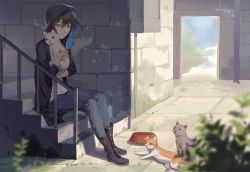 Rule 34 | 1boy, 791 (meiyuewudi), animal, black footwear, black hair, blue eyes, blurry, blush, boots, bowl, cat, closed mouth, day, denim, depth of field, holding, holding animal, hood, hood up, hoodie, jeans, legs together, looking at viewer, male focus, original, outdoors, pants, pet bowl, plant, short hair, sitting, smile, solo, stairs