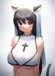 Rule 34 | 1girl, animal ear fluff, animal ears, arms behind back, bad id, bad pixiv id, bare shoulders, black hair, blue eyes, blurry, blush, breasts, cat ears, cat girl, cat tail, closed mouth, collarbone, commission, crop top, cross, ears through headwear, gradient background, grey background, habit, heterochromia, highres, large breasts, long hair, looking at viewer, maemi (maemi12), nun, original, revision, sleeveless, smile, solo, stomach, straight hair, tail, underboob, upper body, veil, very long hair, yellow eyes