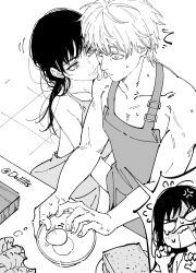 Rule 34 | 1boy, 2girls, anger vein, apron, assertive female, black hair, blush, chainsaw man, collarbone, denji (chainsaw man), dollllls2, hand on another&#039;s shoulder, hand under clothes, highres, implied handjob, long hair, looking at another, looking to the side, mitaka asa, multiple girls, naked apron, scar, scar on face, short hair, smile, twintails, twitter username, white hair, yoru (chainsaw man)