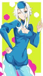 Rule 34 | 1girl, blue eyes, blue pants, border, borrowed character, breasts, cleavage, cleavage cutout, clothing cutout, contrapposto, copyright request, covered navel, cowboy shot, doko tetora, green background, hair between eyes, hand on own hip, hand up, juliet sleeves, long sleeves, looking at viewer, medium breasts, one eye covered, pants, puffy sleeves, short hair with long locks, sidelocks, smile, solo, white border, white hair