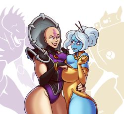 Rule 34 | alien, angry, ass, bald, black lips, black nails, blazbaros, blue skin, bracelet, grabbing another&#039;s breast, breast press, breasts, bridal gauntlets, chinese clothes, colored skin, curvy, genestealer, grabbing, hand on another&#039;s waist, high collar, huge ass, huge breasts, jewelry, large breasts, leotard, mecha, monster, multiple girls, muscular, muscular female, nail polish, no panties, purple eyes, red eyes, red hair, robot, seductive smile, sharp nails, sharp teeth, smile, symmetrical docking, t&#039;au, teasing, teeth, thick thighs, thighs, tyranid, warhammer 40k, white hair, wide hips, yuri