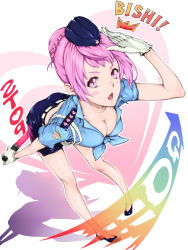 Rule 34 | 1girl, baton, bent over, breasts, cleavage, english text, fang, female focus, full body, gloves, gradient background, hair bun, hat, high heels, highres, leaning forward, open clothes, open mouth, open shirt, original, pink eyes, pink hair, police, police uniform, shirt, single hair bun, skirt, solo, uniform, white background, yamaishi (mukoubuti)