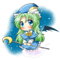 Rule 34 | 1girl, :&lt;, bad id, bad pixiv id, bat wings, blue dress, blue eyes, blush, bow, bowtie, capelet, chibi, crescent, dress, female focus, ghost, ghost tail, green hair, hat, long hair, mima (touhou), mini person, minigirl, pc98, rebecca (keinelove), snowing, solo, staff, touhou, touhou (pc-98), v arms, wings, wizard hat
