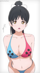Rule 34 | 1girl, absurdres, alter real zero, arms behind back, artist name, bare shoulders, black hair, breasts, brown eyes, cleavage, female focus, hazuki ren, highres, large breasts, leaning forward, long hair, love live!, love live! superstar!!, open mouth, signature, solo, standing