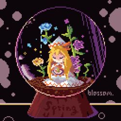 Rule 34 | 1girl, blonde hair, commentary, crystal ball, english commentary, english text, closed eyes, flower, flower request, hat, icicle tokamak, lily white, long hair, pixel art, solo, touhou