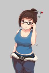 Rule 34 | 1girl, breasts, brown eyes, brown hair, closed mouth, collarbone, female focus, glasses, grey background, highres, kimoshi, large breasts, looking at viewer, mei (overwatch), midriff, overwatch, overwatch 1, sleeveless, solo