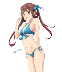 Rule 34 | 1girl, asagumo (kancolle), bikini, blue bikini, breasts, brown hair, chuchu tako, commentary request, cowboy shot, grey eyes, hair ribbon, highres, kantai collection, long hair, looking at viewer, one-hour drawing challenge, ribbon, small breasts, solo, standing, swimsuit, twintails, twitter username