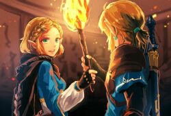 Rule 34 | 1boy, 1girl, armor, black gloves, blue shirt, blue tunic, braid, breasts, crown braid, earrings, embers, fingerless gloves, gloves, green eyes, hair ornament, hair tie, hairclip, holding, holding torch, indoors, jewelry, link, long sleeves, looking at another, low ponytail, master sword, medium breasts, medium hair, nintendo, open mouth, pointy ears, princess zelda, puffy long sleeves, puffy sleeves, sanami, shirt, short hair, shoulder armor, sidelocks, smile, the legend of zelda, the legend of zelda: tears of the kingdom, thick eyebrows, torch, upper body, weapon, weapon on back