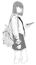 Rule 34 | 1girl, absurdres, bag, bob cut, bracelet, breast pocket, cellphone, closed mouth, contrapposto, cropped legs, from side, greyscale, highres, holding, holding phone, jewelry, long sleeves, looking down, monochrome, necktie, original, phone, pleated skirt, pocket, school bag, school uniform, scrunchie, shirt, simple background, skirt, smartphone, smile, solo, standing, vice (kuronekohadokoheiku), white background, wrist scrunchie