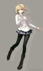 Rule 34 | 1girl, ankle boots, antenna hair, artist name, belt boots, black pantyhose, blonde hair, blue skirt, boots, brown footwear, closed mouth, finger to mouth, full body, grey background, highres, konoe ototsugu, long sleeves, looking at viewer, miniskirt, pantyhose, pleated skirt, red eyes, short hair, sketch, skirt, smile, solo, standing, standing on one leg, sweater, tsukihime, tsukihime (remake), twitter username, white sweater