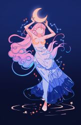 Rule 34 | 1girl, aqua hair, armpits, arms up, black background, blue background, breasts, cloud print, constellation, crescent moon, dress, floating hair, full body, gradient background, highres, meyoco, moon, navel, no panties, original, pink hair, print dress, ripples, see-through, see-through dress, shoes, small breasts, solo, sparkle, standing, star (symbol), white footwear