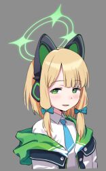 Rule 34 | 1girl, animal ear headphones, animal ears, blonde hair, blue archive, blue bow, blush, bow, cat ear headphones, commentary request, cropped torso, fake animal ears, green eyes, grey background, hair bow, halo, headphones, looking at viewer, midori (blue archive), mitsutsuka, necktie, off shoulder, open clothes, parted lips, revision, shirt, simple background, solo, upper body, white shirt