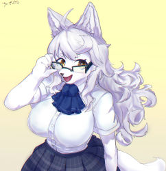 Rule 34 | 1girl, adjusting eyewear, ahoge, animal ears, artist name, ascot, black-framed eyewear, black skirt, blue ascot, borrowed character, breasts, chromatic aberration, fang, female focus, fox ears, fox tail, furry, furry female, glasses, hand up, happy, highres, large breasts, long hair, looking at viewer, open mouth, original, plaid, plaid skirt, pleated skirt, school uniform, shirt, short sleeves, signature, skirt, smile, solo, standing, suigi, tail, white hair, white shirt, yellow eyes