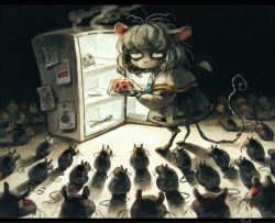 Rule 34 | ..., 1girl, animal ears, bone, buck teeth, capelet, cheese, drooling, food, koto inari, letterboxed, messy hair, mouse (animal), mouse ears, mouse tail, nazrin, red eyes, refrigerator, ribbon trim, saliva, skull, solo, spoken ellipsis, surrounded, tail, teeth, touhou, whiskers