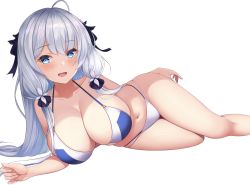 Rule 34 | 1girl, alternate costume, azur lane, bikini, blue bikini, blue eyes, breasts, feet out of frame, hair ribbon, highres, illustrious (azur lane), large breasts, long hair, looking at viewer, lying, navel, on side, open mouth, ribbon, shenqi (toid310), simple background, skindentation, solo, swimsuit, two-tone bikini, very long hair, white background, white bikini, white hair