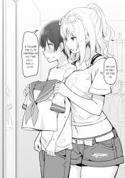 Rule 34 | 1boy, 1girl, age difference, belt, black hair, yui (sky-freedom), blush, bra strap, breast press, breasts, breasts on another&#039;s back, check translation, child, comic, commentary, commentary request, cowboy shot, ear piercing, earrings, eyewear on head, femdom, greyscale, hangar, hard-translated, height difference, hetero, high ponytail, indoors, jewelry, joshi kousei rich thots, large breasts, long hair, medium breasts, midriff, mirror, monochrome, navel, neckerchief, onee-shota, original, parted lips, piercing, ponytail, profile, reflection, sailor collar, school uniform, serafuku, shirt, short hair, short shorts, short sleeves, shorts, shota-kun (sky-freedom), sky-freedom, speech bubble, standing, sweat, sweatdrop, t-shirt, teenage girl and younger boy, third-party edit, translated, translation request, white hair, yui (sky-freedom)