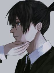 Rule 34 | 1boy, 1other, black hair, black neckwear, black suit, chainsaw man, closed mouth, crying, crying with eyes open, earrings, formal, grey background, grey eyes, hand on another&#039;s cheek, hand on another&#039;s face, hayakawa aki, highres, inuo (inuo x), jewelry, male focus, necktie, ponytail, simple background, solo focus, stud earrings, suit, tears, upper body