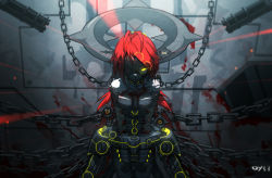 Rule 34 | 1girl, blood, bound, bound arms, bound wrists, breasts, chain, cuffs, gatling gun, gun, laser, laser pointer projection, laser sight, long hair, mask, minigun, one eye covered, original, pixiv fantasia, pixiv fantasia t, qys3, red hair, shackles, small breasts, solo, tian ling (qys3), tied up, torn clothes, weapon, yellow eyes