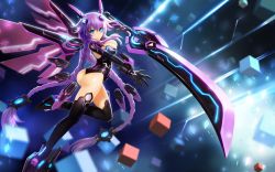 Rule 34 | 10s, 1girl, ass, blue eyes, braid, breasts, cleavage cutout, clothing cutout, detached wings, gloves, hair ornament, leotard, long hair, looking at viewer, neptune (neptunia), neptune (series), open mouth, purple hair, purple heart (neptunia), solo, sword, symbol-shaped pupils, twin braids, very long hair, weapon, wings