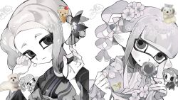 Rule 34 | 2girls, bead necklace, beads, bow, candy apple, chibi, eating, floral print, flower, food, food on face, greyscale, hair bow, hair bun, hair flower, hair ornament, highres, holding hair tie, inkling, inkling girl, inkling player character, japanese clothes, jewelry, kimono, long hair, looking to the side, monochrome, multiple girls, multiple hair bows, necklace, nintendo, octoling, octoling girl, octoling player character, photo inset, pointy ears, sample watermark, smile, splatoon (series), star-shaped pupils, star (symbol), suction cups, symbol-shaped pupils, tentacle hair, uim ase, watermark, white background, yukata