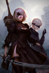 Rule 34 | 1boy, 1girl, absurdres, black blindfold, black dress, black gloves, black hairband, black thighhighs, blindfold, bob cut, breasts, building, chain, choker, cleavage, closed mouth, covered eyes, cowboy shot, dasha art, dress, facing viewer, gloves, hairband, highres, holding, holding sword, holding weapon, huge weapon, long sleeves, medium breasts, mole, mole under mouth, nier (series), nier:automata, outdoors, profile, puffy long sleeves, puffy sleeves, red lips, ruins, short hair, side slit, standing, sword, sword behind back, thighhighs, turtleneck, weapon, white hair, 2b (nier:automata), 9s (nier:automata)