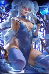 Rule 34 | 1girl, black gloves, blue eyes, blue hair, braid, breasts, china dress, chinese clothes, collar, collarbone, dress, girls&#039; frontline, gloves, half gloves, hand fan, heart, heart-shaped pupils, kneeling, lantern, light blue hair, long hair, medium breasts, no panties, off shoulder, olchas, pa-15 (alluring larkspur) (girls&#039; frontline), pa-15 (girls&#039; frontline), parted lips, pelvic curtain, shaded face, sidelocks, skindentation, solo, symbol-shaped pupils, thighhighs, twintails, very long hair