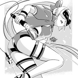 Rule 34 | 1girl, ass, bow, competition swimsuit, cropped jacket, dual wielding, energy sword, fate/grand order, fate (series), from below, goggles, greyscale, hair bow, head-mounted display, headset, henry saints, holding, jacket, long hair, monochrome, one-piece swimsuit, open clothes, open jacket, ponytail, short sleeves, solo, swimsuit, sword, thigh strap, tinted eyewear, tomoe gozen (fate), tomoe gozen (swimsuit saber) (fate), tomoe gozen (swimsuit saber) (first ascension) (fate), very long hair, visor, vr visor, weapon