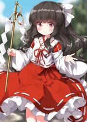 Rule 34 | 1girl, black hair, blush, closed mouth, commentary request, detached sleeves, frilled skirt, frills, girl who trained on mt. haku (touhou), gohei, hair ribbon, highres, holding, holding gohei, japanese clothes, kariginu, long hair, long sleeves, outdoors, portrait of exotic girls, red eyes, red ribbon, red skirt, ribbon, ribbon-trimmed shirt, ribbon-trimmed skirt, ribbon trim, ruu (tksymkw), shirt, sidelocks, skirt, smile, solo, touhou, very long hair, white ribbon, white shirt, wide sleeves