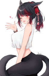 Rule 34 | 1girl, ;d, absurdres, animal ears, bare shoulders, black hair, black pants, blush, breasts, cat ears, cat girl, cat tail, crop top, crop top overhang, facial mark, fang, final fantasy, final fantasy xiv, from side, hair ornament, hand up, heart, high ponytail, highres, large breasts, looking at viewer, miqo&#039;te, multicolored hair, one eye closed, open mouth, pants, red eyes, red hair, sana (sanamaru 0w0), signature, simple background, skin fang, smile, solo, streaked hair, tail, warrior of light (ff14), whisker markings, white background, yoga pants