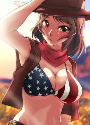 Rule 34 | 1girl, alternate costume, american flag bikini, bandana, bikini, blurry, breasts, brown eyes, brown vest, cleavage, cowboy hat, depth of field, flag print, hat, highres, houston (kancolle), kantai collection, kasuta.net, large breasts, light brown hair, long hair, looking at viewer, outdoors, red bandana, red neckwear, scarf, solo, swimsuit, upper body, vest