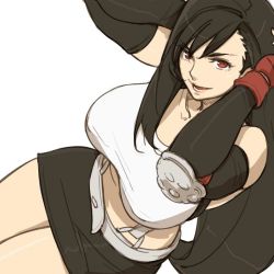 Rule 34 | 1girl, black hair, black skirt, breasts, crop top, elbow gloves, final fantasy, final fantasy vii, gloves, gus (clarkii), large breasts, long hair, looking at viewer, midriff, open mouth, red eyes, simple background, skirt, smile, solo, square enix, suspender skirt, suspenders, tank top, tifa lockhart, white background