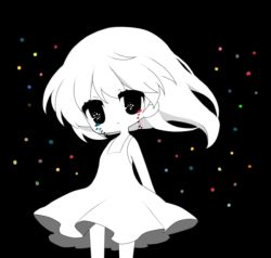 Rule 34 | 1girl, arms behind back, black background, black eyes, dress, haru (kyou), long hair, looking at viewer, monochrome, original, simple background, sleeveless, solo, spot color, sundress, tears, white dress, white hair