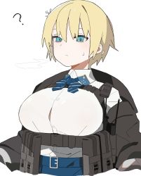 Rule 34 | 1girl, ?, ammunition pouch, belt buckle, belt pouch, black jacket, blonde hair, blue eyes, blue neckwear, blue ribbon, blue skirt, bow, bra visible through clothes, breasts, breath, buckle, button gap, closed mouth, clothes pull, collared shirt, girls&#039; frontline, hair between eyes, hair ornament, harness, highres, jacket, jacket pull, large breasts, load bearing vest, mole, mole under eye, open clothes, open jacket, pouch, ribbon, see-through, shirt, shirt tucked in, short hair, simple background, skirt, snap-fit buckle, snowflake hair ornament, solo, striped, striped bow, sweat, upper body, vsk-94 (girls&#039; frontline), walkie-talkie, white background, white shirt, yuki hotaru