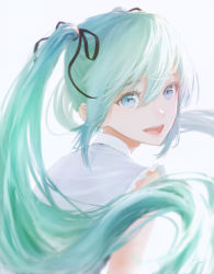 Rule 34 | 1girl, aqua eyes, aqua hair, black ribbon, commentary, from behind, hair ribbon, hatsune miku, highres, long hair, looking at viewer, looking back, ojay tkym, open mouth, resolution mismatch, ribbon, shirt, sidelighting, sleeveless, sleeveless shirt, smile, solo, source larger, twintails, upper body, vocaloid, white background, white shirt