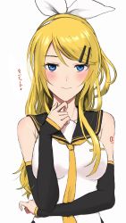 Rule 34 | 1girl, aged up, arm warmers, bare shoulders, black collar, black sleeves, blonde hair, blue eyes, blush, bow, collar, future style (module), hair bow, hair ornament, hairclip, hand up, highres, kagamine rin, lips, long hair, looking at viewer, necktie, nishikino kee, sailor collar, shirt, shoulder tattoo, sleeveless, sleeveless shirt, solo, standing, swept bangs, tattoo, translated, upper body, vocaloid, white bow, white shirt, yellow necktie