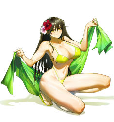 Rule 34 | 1girl, absurdres, bikini, black hair, breasts, cleavage, flower, full body, ghdwid, green bikini, grin, hair flower, hair ornament, highleg, highleg bikini, highres, holding, large breasts, long hair, long legs, looking at viewer, navel, original, pink flower, red flower, sandals, simple background, smile, solo, swimsuit, white background, yellow eyes