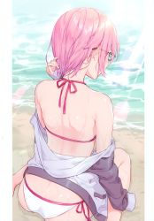 Rule 34 | 1girl, absurdres, ass, bare shoulders, bikini, day, fate/grand order, fate (series), from behind, glasses, hair over one eye, highres, kuroki (ma-na-tu), mash kyrielight, off shoulder, official alternate costume, pink hair, scan, shore, short hair, side-tie bikini bottom, simple background, solo, swimsuit, thighs, water