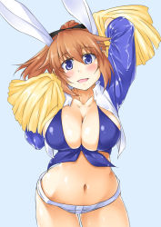 Rule 34 | 1girl, animal ears, bad id, bad pixiv id, blue eyes, blush, breasts, charlotte e. yeager, cheerleader, cleavage, dallas cowboys, kuronyan, large breasts, long hair, midriff, navel, open mouth, orange hair, pom pom (cheerleading), ponytail, rabbit ears, rabbit girl, shiny skin, short shorts, shorts, solo, strike witches, world witches series