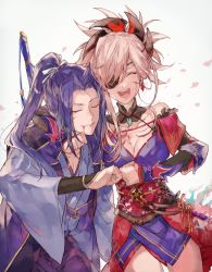 Rule 34 | 1boy, 1girl, arms around neck, bare shoulders, blood, blood from mouth, blue hair, breasts, cleavage, closed eyes, cuts, detached sleeves, artistic error, eyepatch, fate/grand order, fate (series), fist bump, hair ornament, injury, japanese clothes, laughing, magatama, miyamoto musashi (fate), miyamoto musashi (second ascension) (fate), open mouth, petals, pink hair, sasaki kojirou (fate), spoilers, waltz (tram)