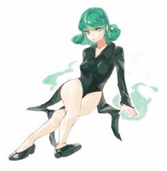 Rule 34 | 1girl, :t, bare legs, black footwear, black shirt, breasts, bright pupils, closed mouth, collared shirt, crossed legs, curly hair, flats, full body, green eyes, green hair, highres, legs, long sleeves, looking at viewer, medium hair, oftooon, one-punch man, shirt, simple background, sitting, small breasts, solo, tatsumaki, thighs, white background, white pupils