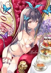 Rule 34 | 1girl, bare arms, bare shoulders, bikini, black choker, black hair, breast hold, breasts, bug, butterfly, chair, choker, cleavage, criss-cross halter, cup, frilled bikini, frilled choker, frills, gluteal fold, grin, hair ornament, hair ribbon, halterneck, insect, long hair, looking at viewer, medium breasts, miwabe sakura, navel, original, red eyes, ribbon, single thighhigh, sitting, smile, solo, stomach, string bikini, swimsuit, teacup, thigh strap, thighhighs, thighs, tiered tray, very long hair, white bikini, white thighhighs
