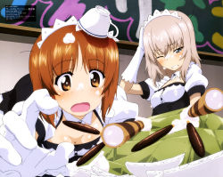Rule 34 | 2girls, absurdres, alternate costume, blush, breasts, broken plate, brown hair, chalkboard, cleavage, clenched teeth, cup, elbow gloves, enmaided, gelatin, girls und panzer, gloves, highres, itsumi erika, light brown hair, magazine scan, maid, maid headdress, mc axis, medium breasts, medium hair, messy, multiple girls, nishizumi miho, official art, one eye closed, open mouth, plate, puffy sleeves, scan, short hair, teacup, teeth, wavy mouth, white gloves
