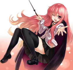 Rule 34 | 1girl, ;d, bad id, bad pixiv id, black thighhighs, blush, cape, long hair, looking at viewer, louise francoise le blanc de la valliere, mary janes, one eye closed, open mouth, outstretched hand, pink eyes, shoes, smile, solo, takemori shintarou, thighhighs, wand, wink, zero no tsukaima, zettai ryouiki